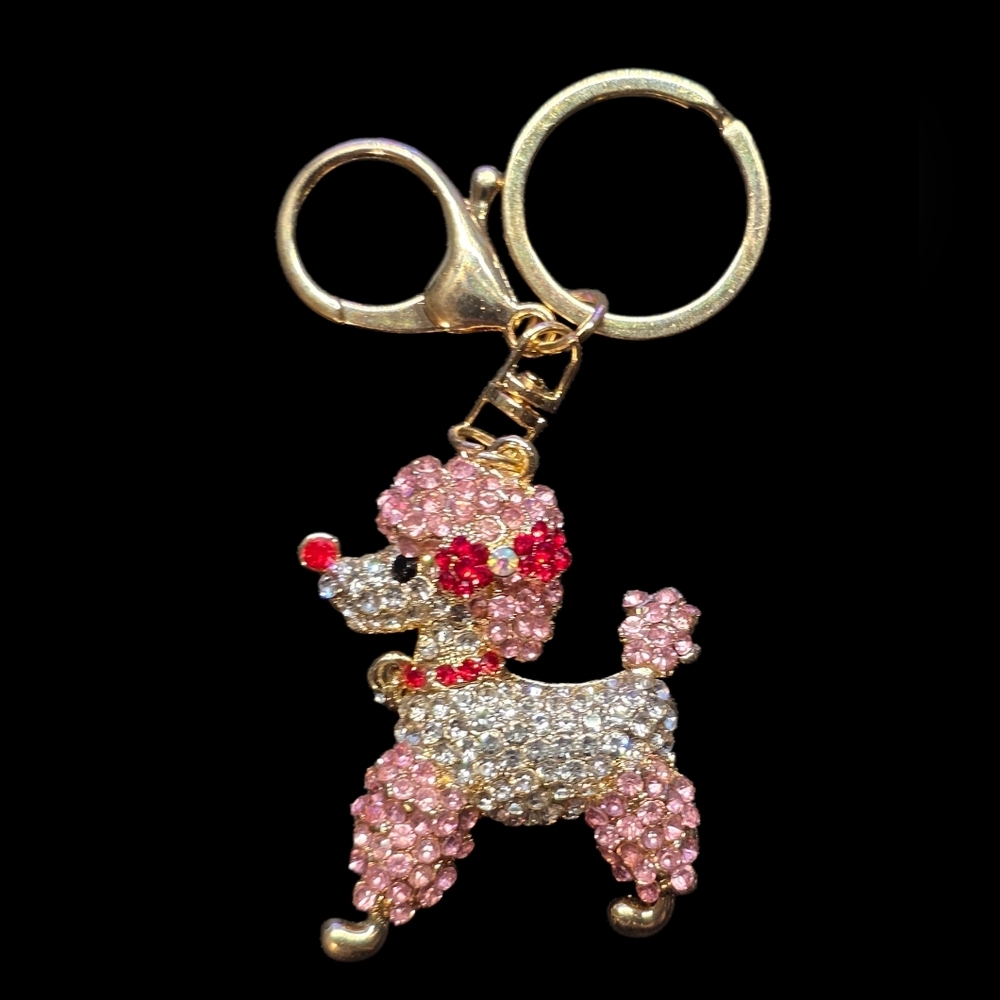 Sparkling Pink and Silver Poodle Metal Bag Charm Keychain